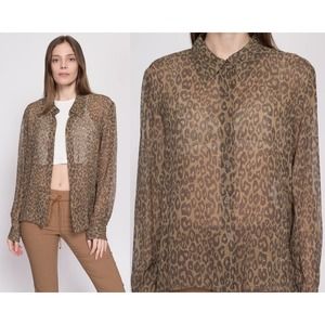 90s Silk Sheer Leopard Print Blouse - Extra Large | Vintage Long SleeveTop